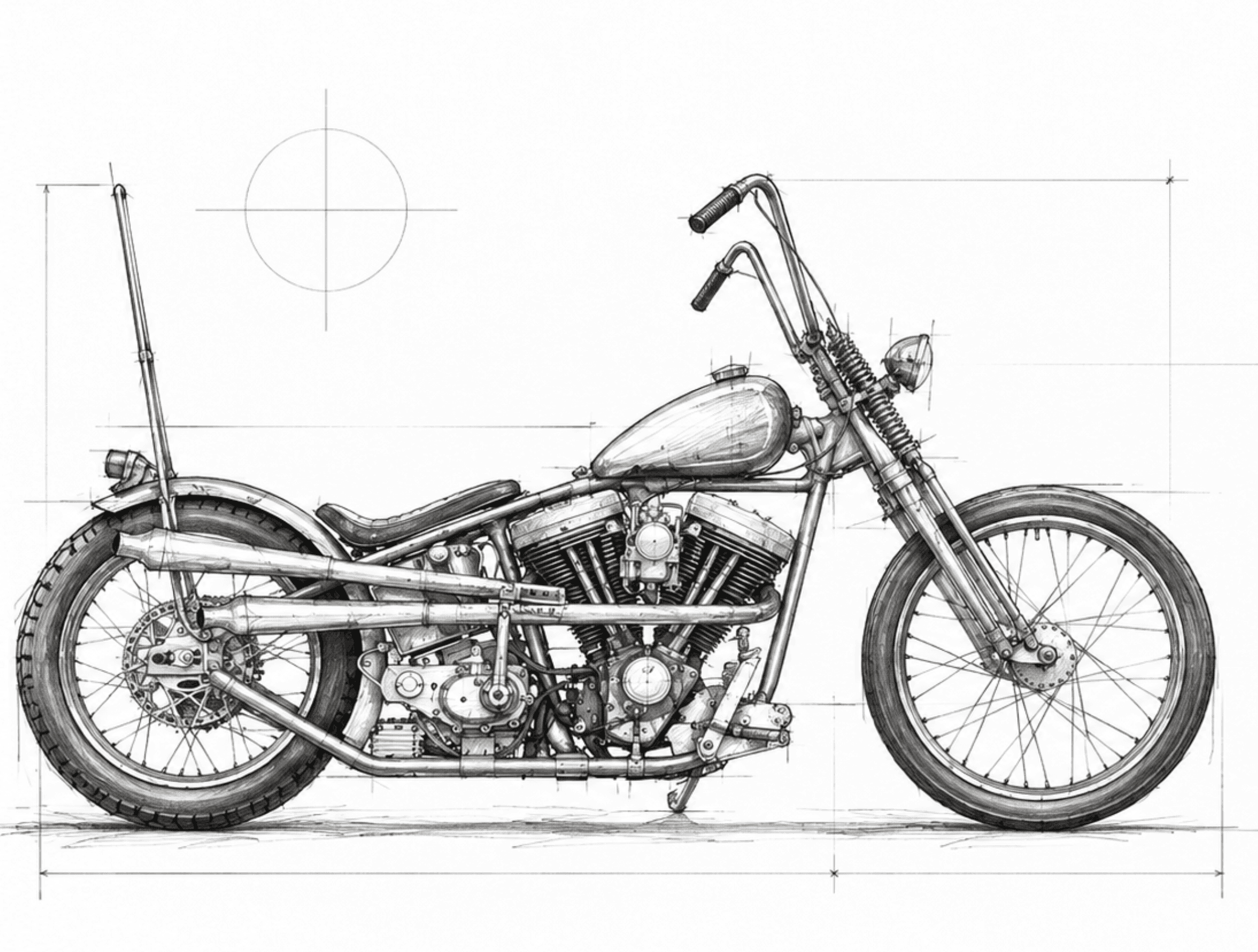 Side-elevation Chopper concept drawing with industrial design construction lines